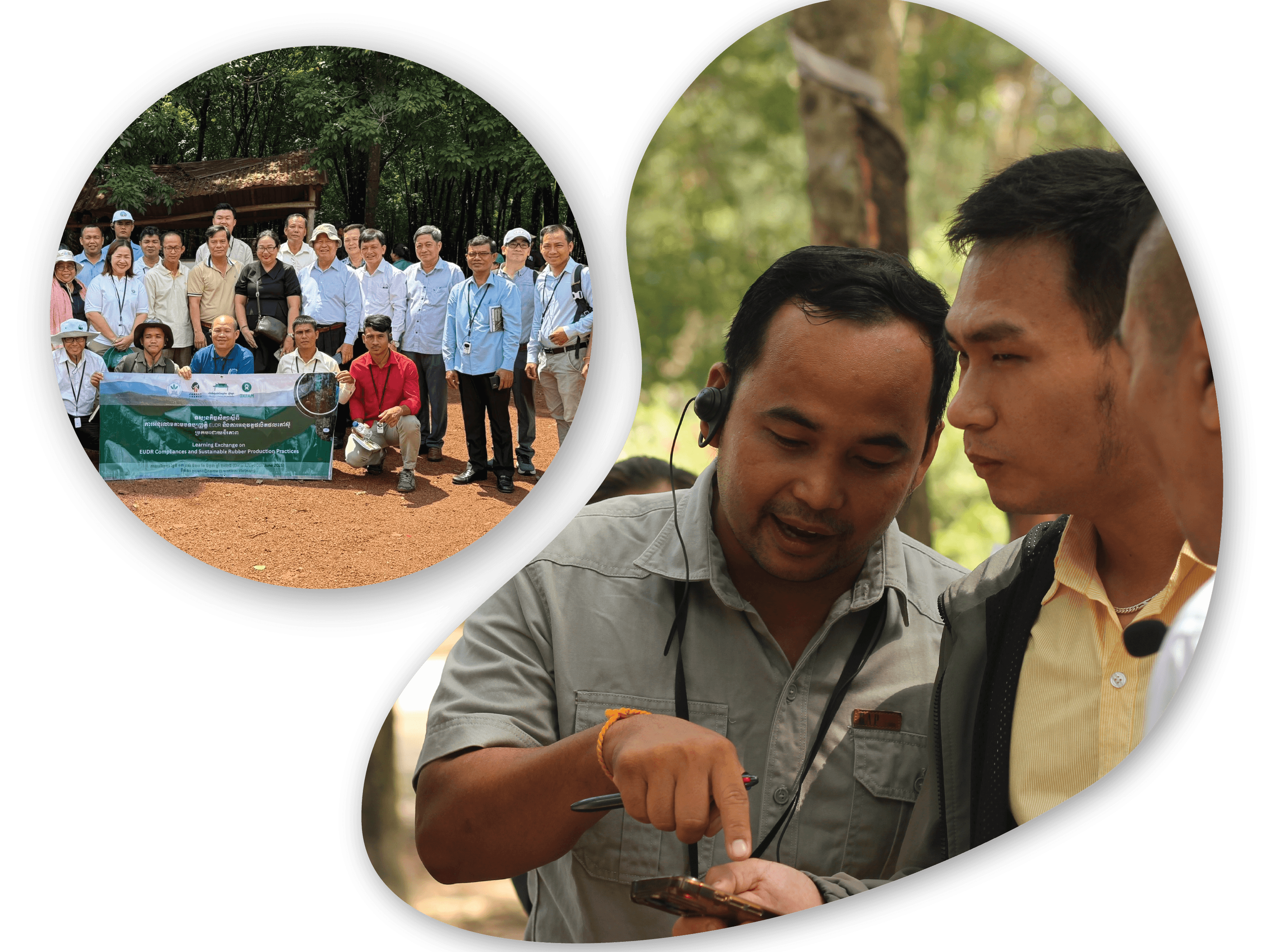 Một nhóm người đứng chụp ảnh tập thể bên một biểu ngữ, với khung cảnh thiên nhiên xung quanh.