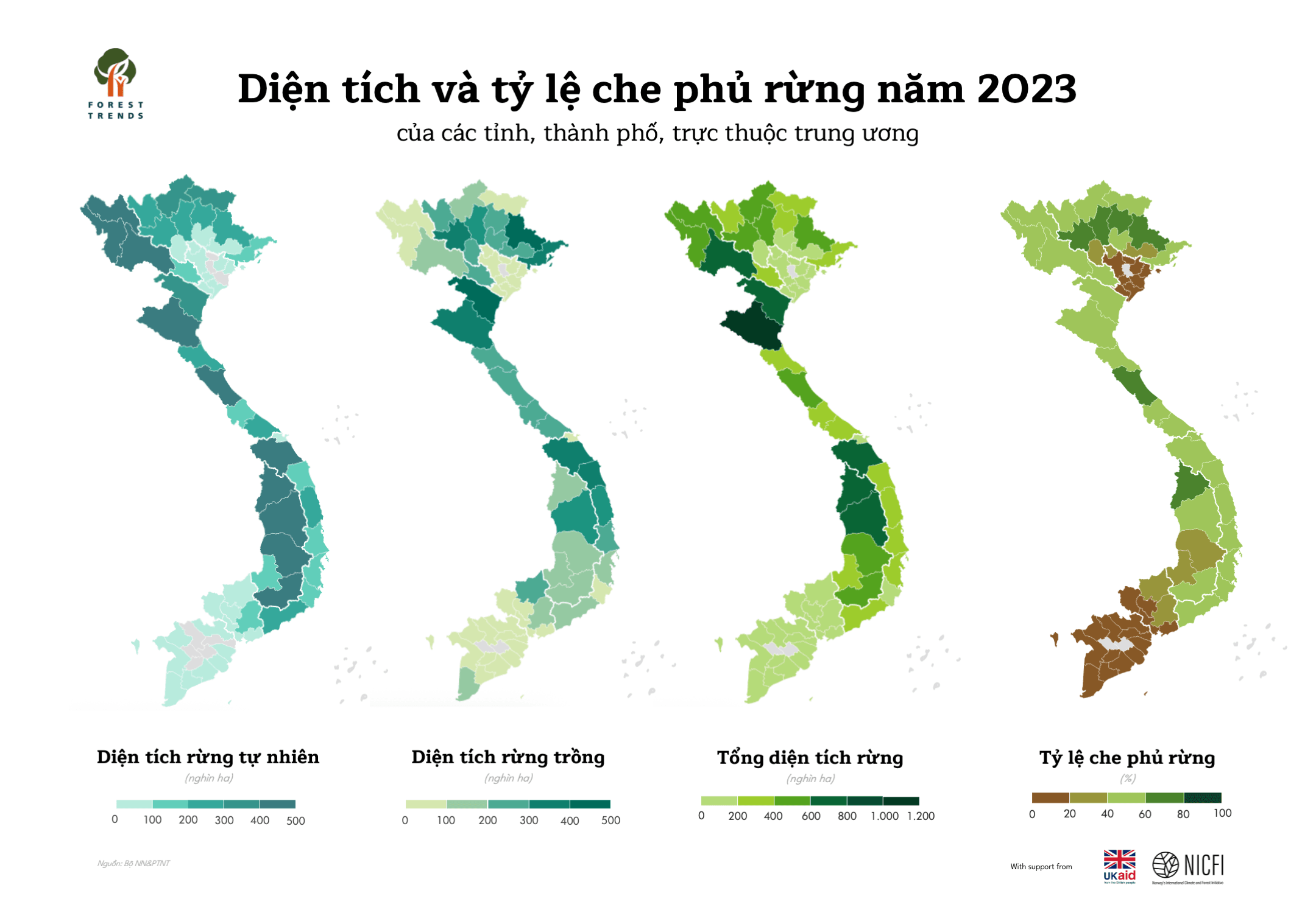 Bản đồ diện tích và tỷ lệ che phủ rừng năm 2023